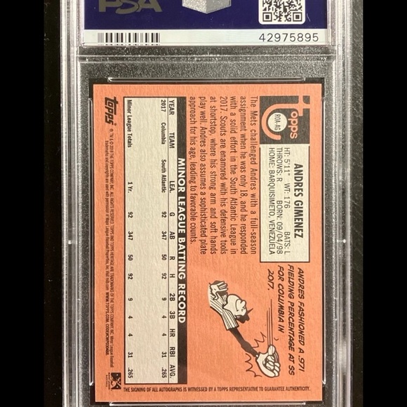 2018 Topps Heritage Minor League Andres Gimenez Real One Autographs #AG PSA 10 - Picture 3 of 4